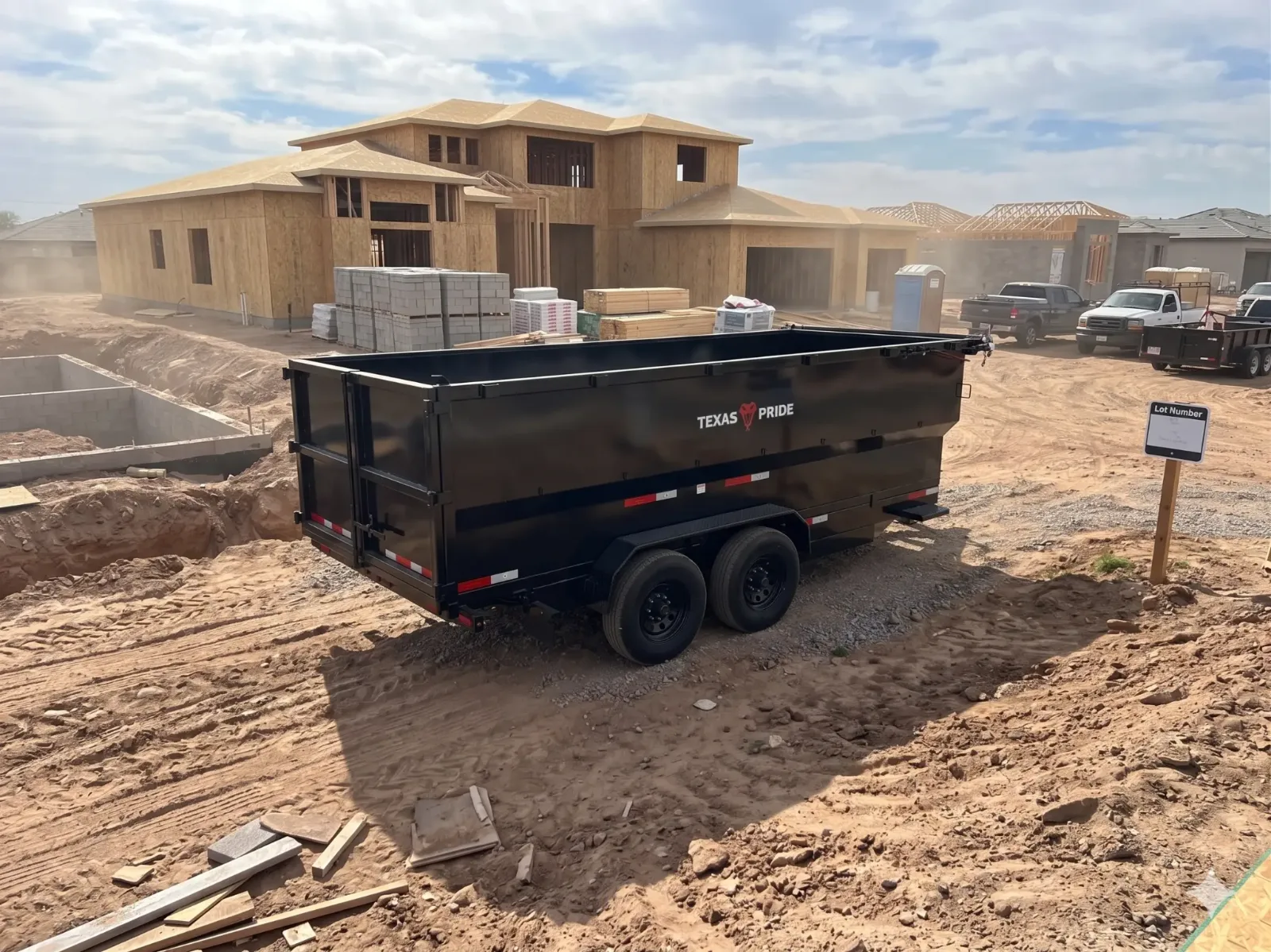 Texas Pride 16ft dump trailer rental from Desert Loader Rentals at a new home site